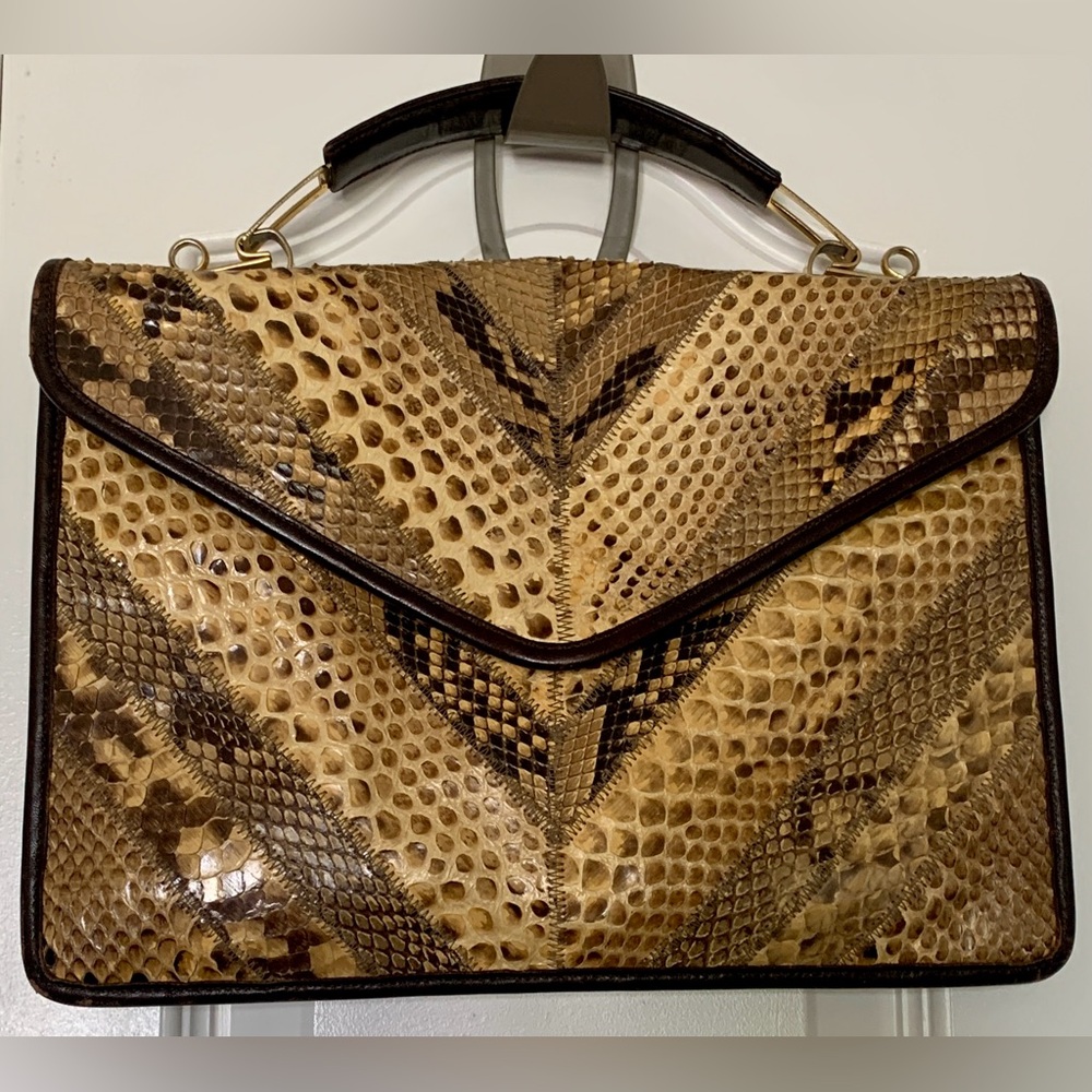 Snakeskin Python Patchwork Envelope Leather Slip Zip Pocket Brown Cream Snap